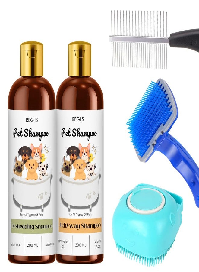 REGIIS Pet Grooming Kit with Deshedding and Itch Away Shampoo Set, 200ml Bottles, Professional Dog Brush Combo, All Pet Types(Pack of 5) - Image 1